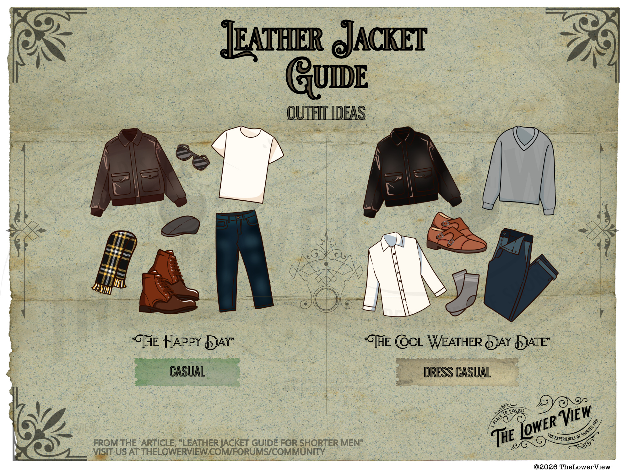 Leather Jacket Guide For Shorter Men | Fonz Leather Bomber White T-Shirt Denim | Button Down V Neck Sweater Double Monk Strap Shoes